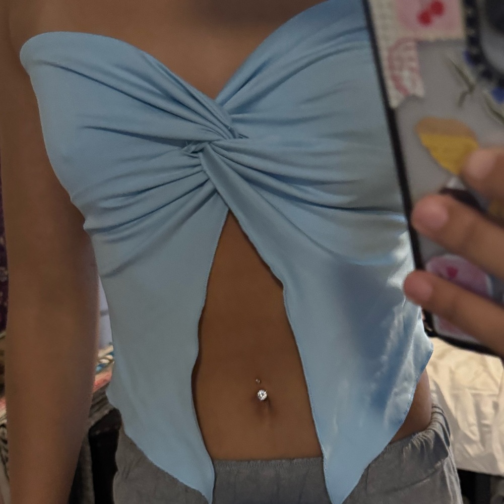 Blue Tie Front Cut Out Backless Top